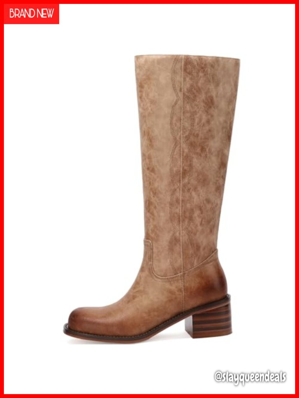Women's Square Toe Knee High Boots Chunky Low Heel Wide Calf Zip Faux Leather